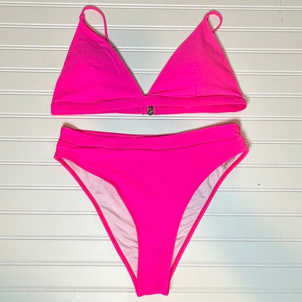 Women Neon Pink Bikini Set High Cut Triangle 2 Piece Swimsuit XL